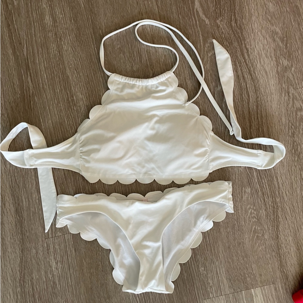 Vanilla Beach Women's Scallop High Neck Bikini Swim White Bikini Bathing Suit